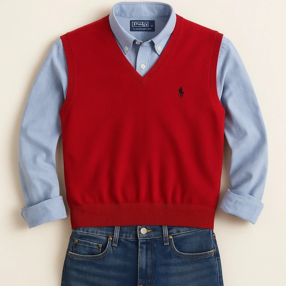 POLO by Ralph Lauren Red Pima Cotton Sweater Vest V-Neck Knit Pullover - Large